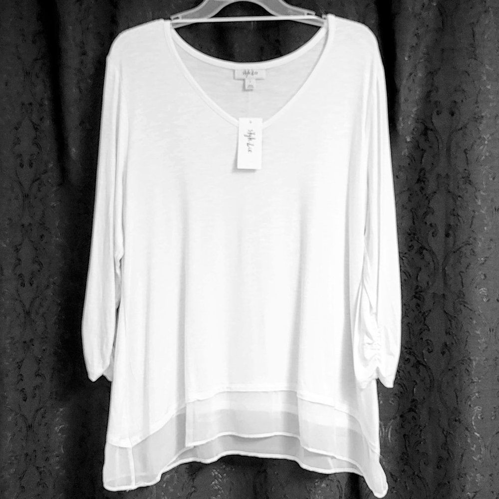 Style & Co  White, Sheer Trimmed Top, 3/4 Length Shirred Sleeves, Sz L